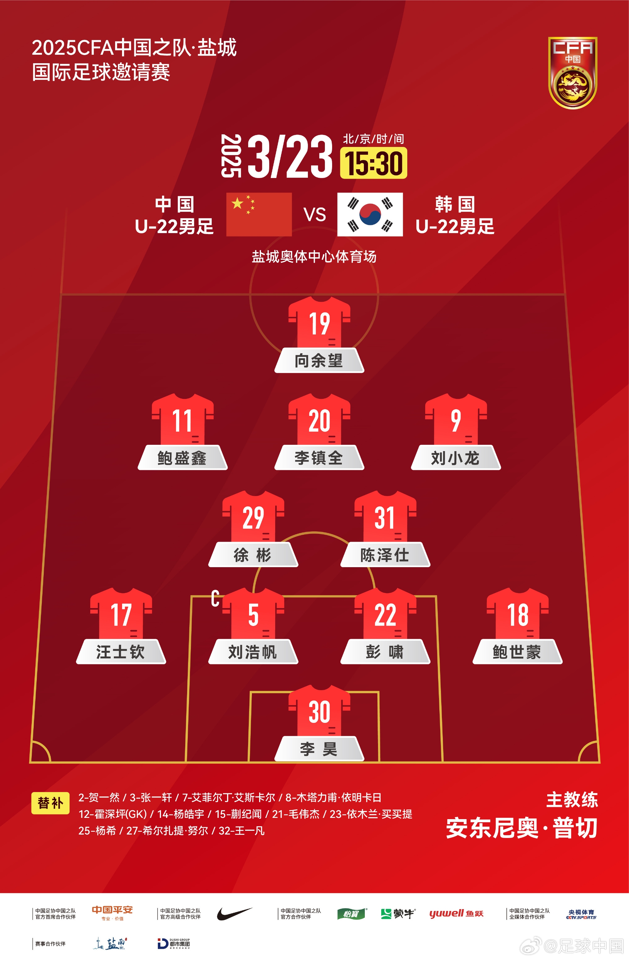 鹽城四國賽，中國U-22男足對(duì)陣韓國U-22男足，中國隊(duì)首發(fā)陣容