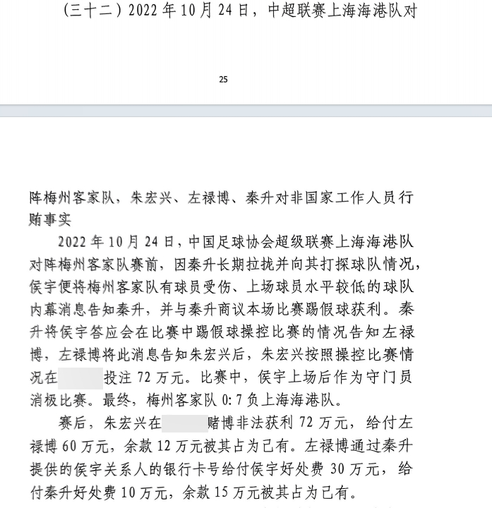 網(wǎng)傳判決書：梅州0-7海港，梅州守門員侯宇收30萬(wàn)好處費(fèi)消極比賽