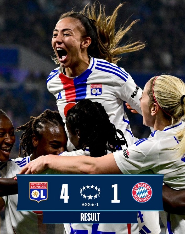 里昂女足4-1大勝拜仁女足，總比分6-1晉級(jí)女足歐冠半決賽